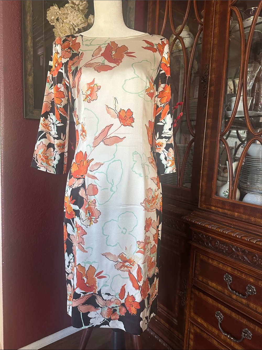 St. John Black Floral silk Dress in White and Orange